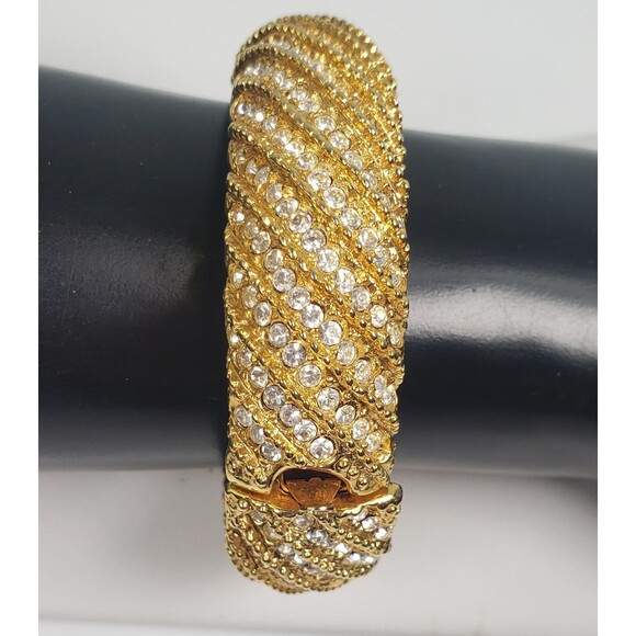 Vintage 80 Signed Joan Rivers Rhinestone Hinged Clamper Wide Bangle Bracelet 6.5 - Picture 4 of 16